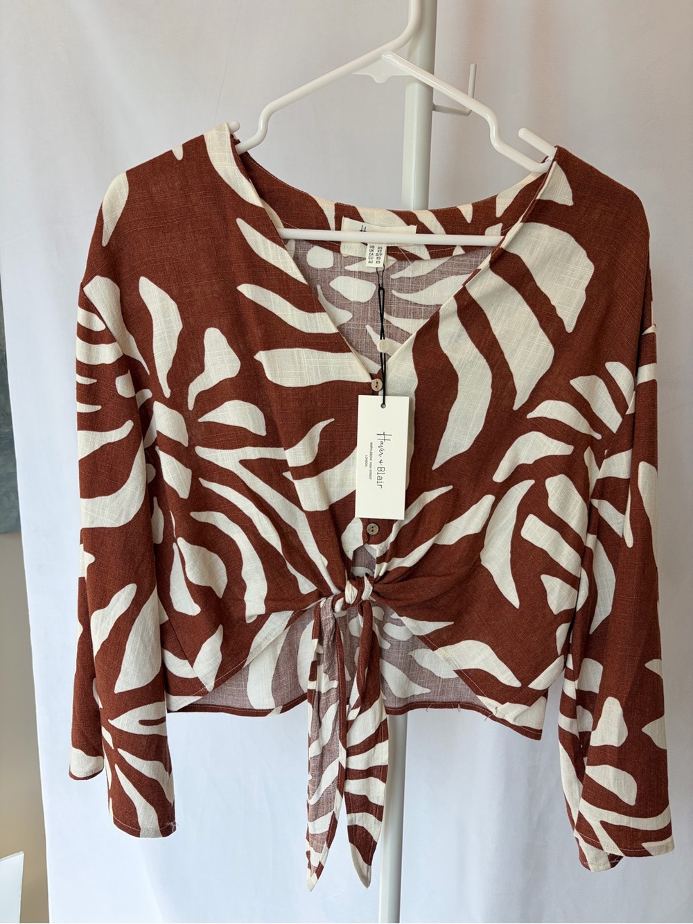 Haver & Blair Zebra-Print Tie-Front Blouse in Rust and Cream-XS